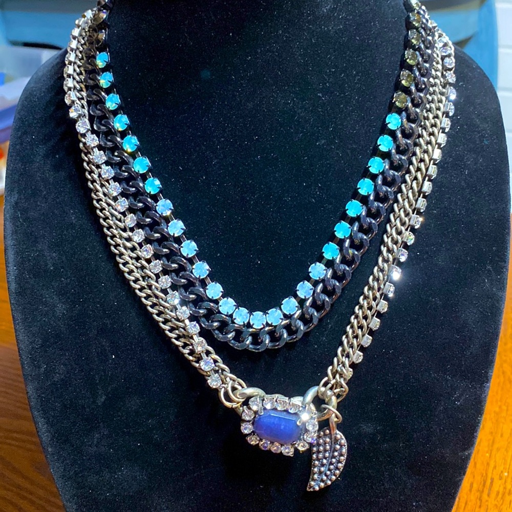 Bundle/lot of 2 statement necklaces layered chains hematite blue ombré crystals